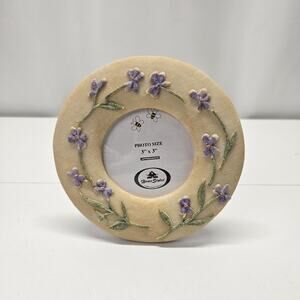 Vtg Home Styles Photo Frame Round Ceramic Standing Purple Violets 3" x 3" Photo